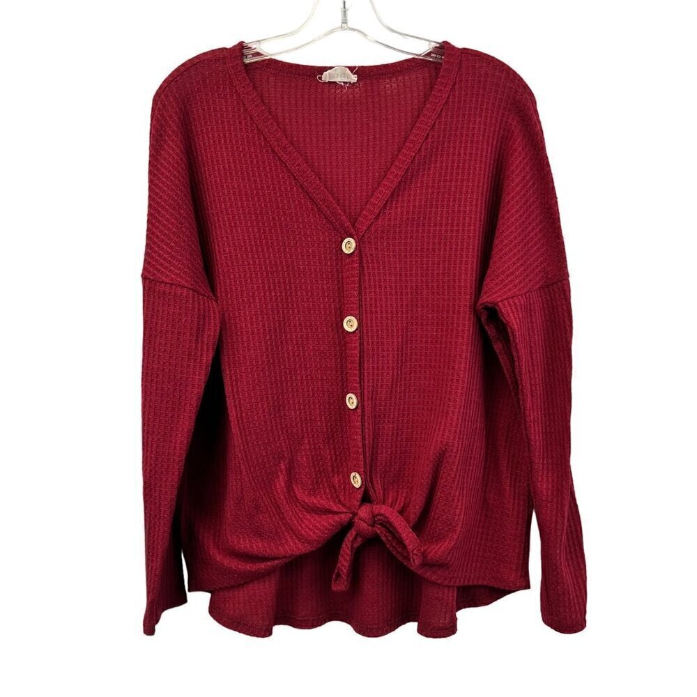 Bibi Womens V-Neck Knotted Hem Pullover Waffle Top Wine Medium Long Sleeve